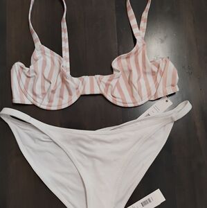 Caroline Constas Women's Large Pink & White Bikini Top & Bottom Suit $290 New